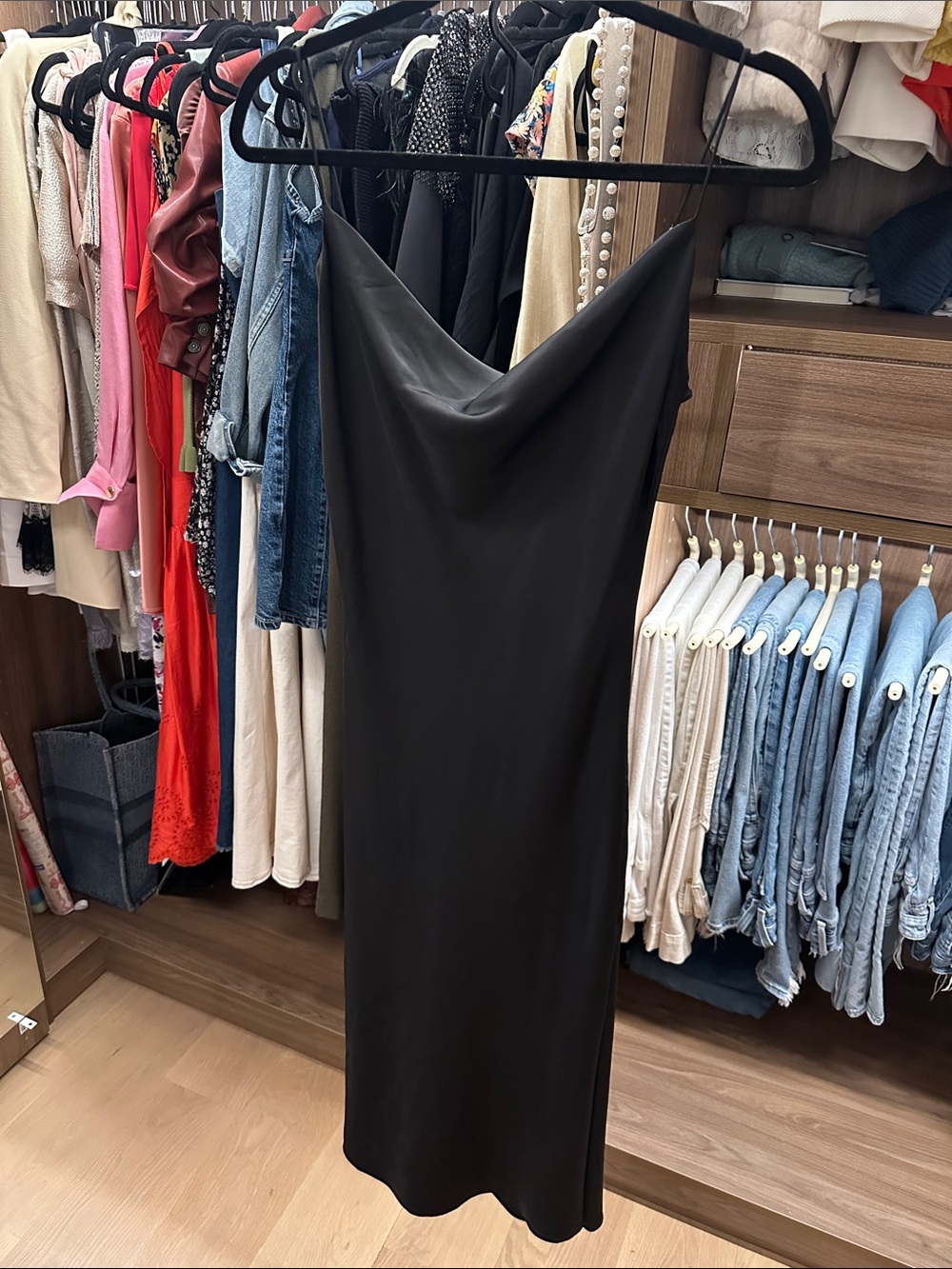 Satin Cowl-Neck Midi Dress in Black sexy slit